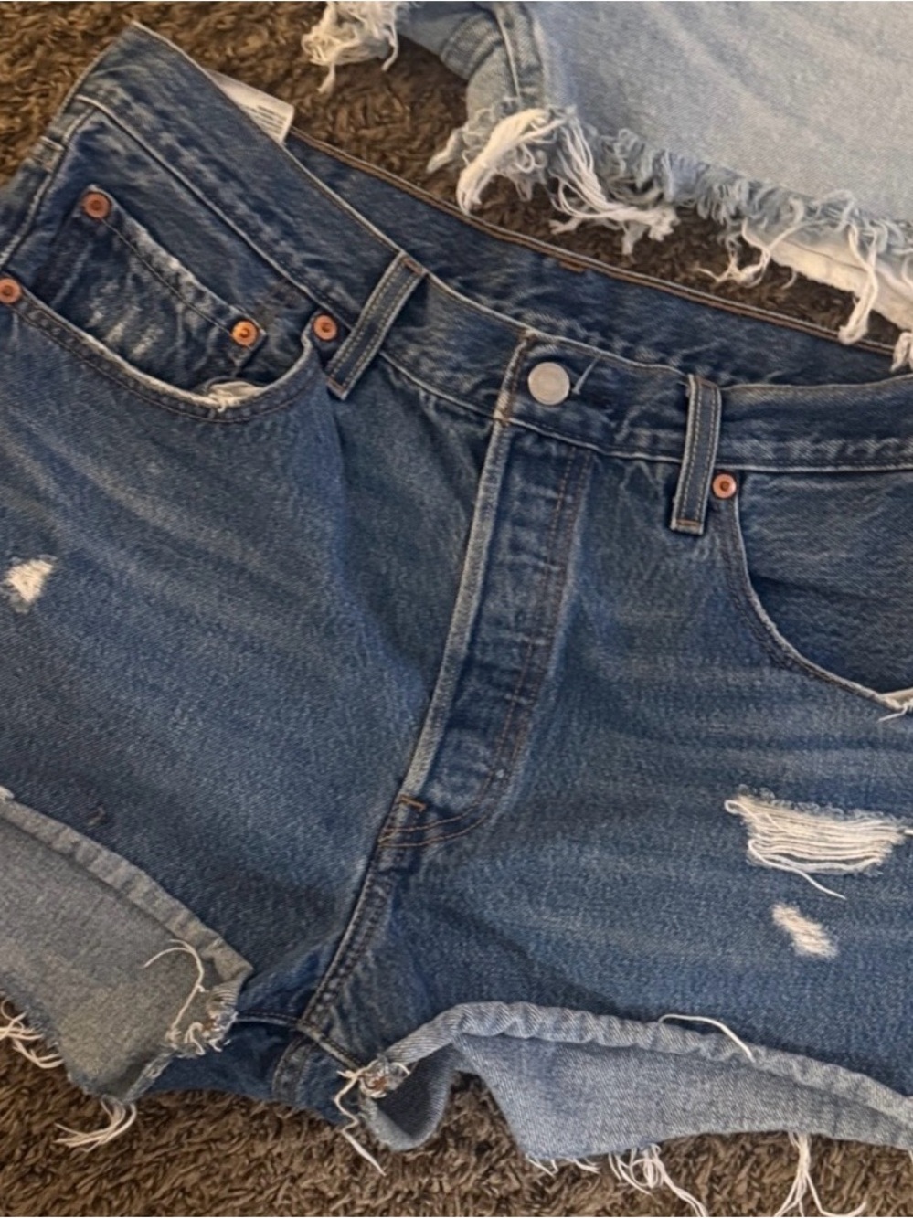 Levi Dark Blue Denim Jean Shorts - Frayed Hem